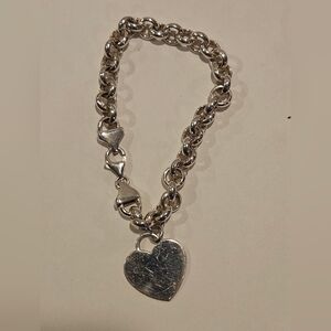 Sterling Silver Italy Heart Charm Rolo Chain Bracelet 7" Vintage